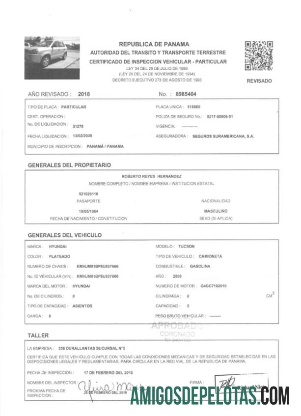 Exemplo de certificado de registro de veículo no Panamá